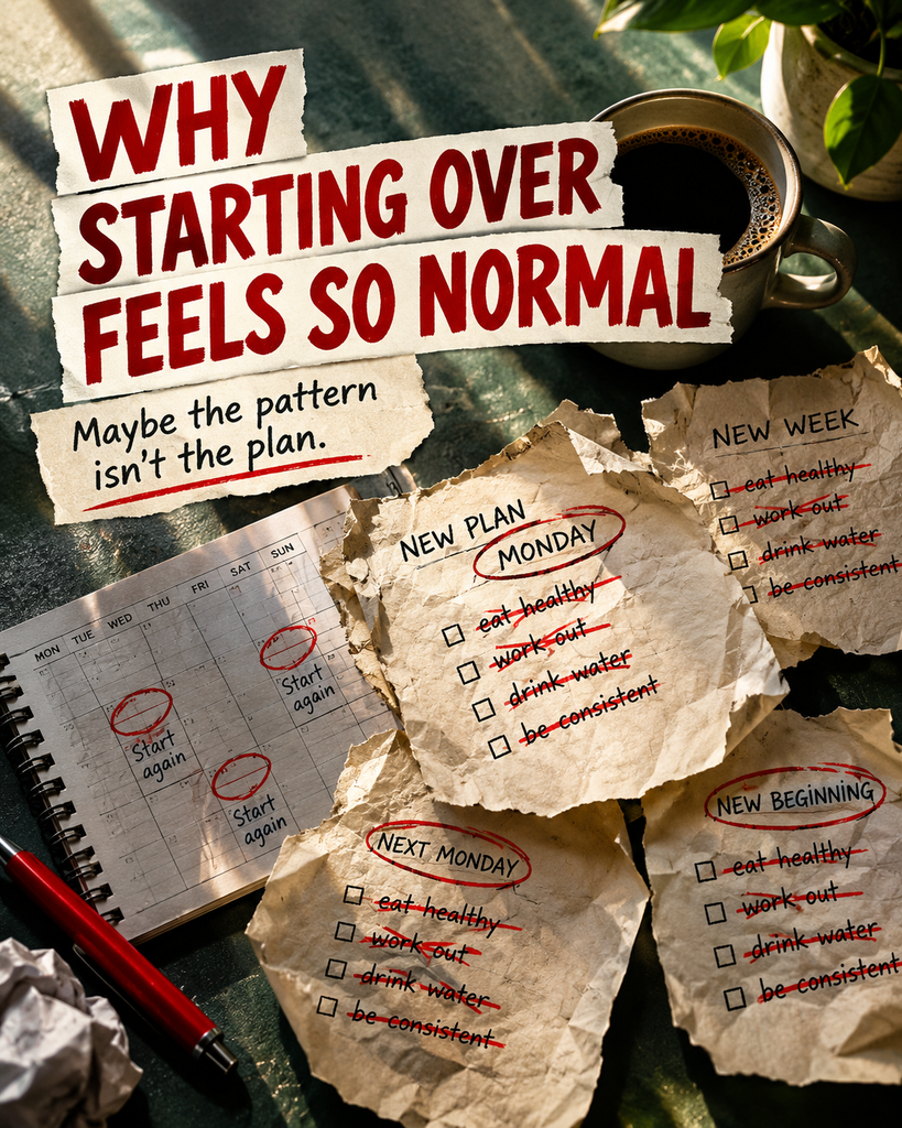 Editorial poster about why starting over feels so normal, showing stacked papers with New Plan and Monday crossed out in red marker with a fresh blank sheet underneath