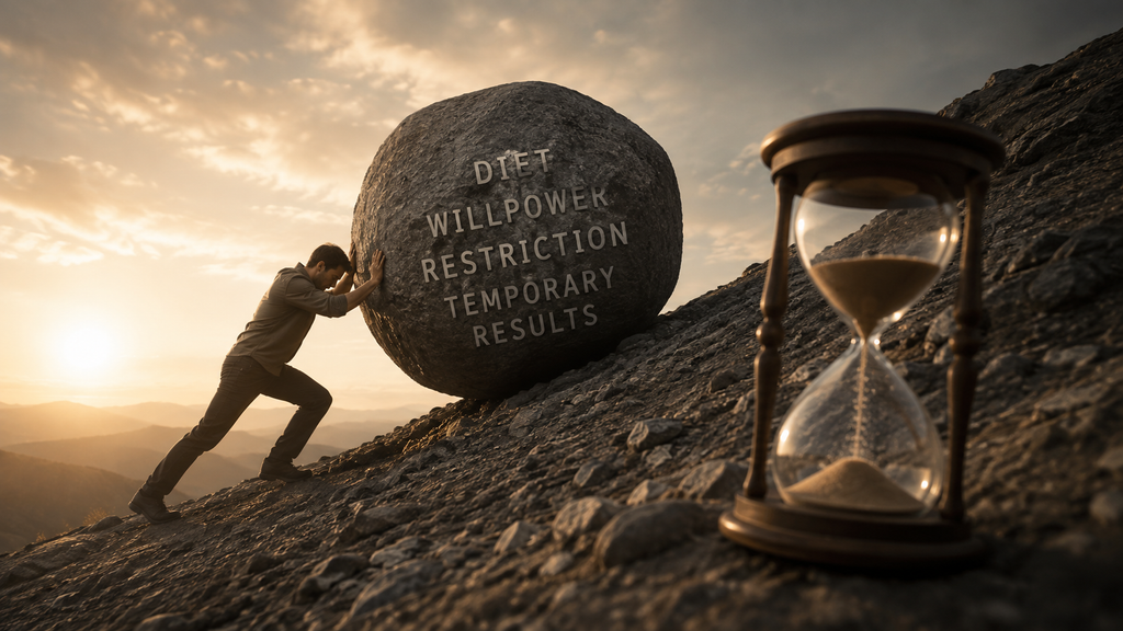 Man pushing a boulder uphill beside an hourglass, symbolizing willpower running out