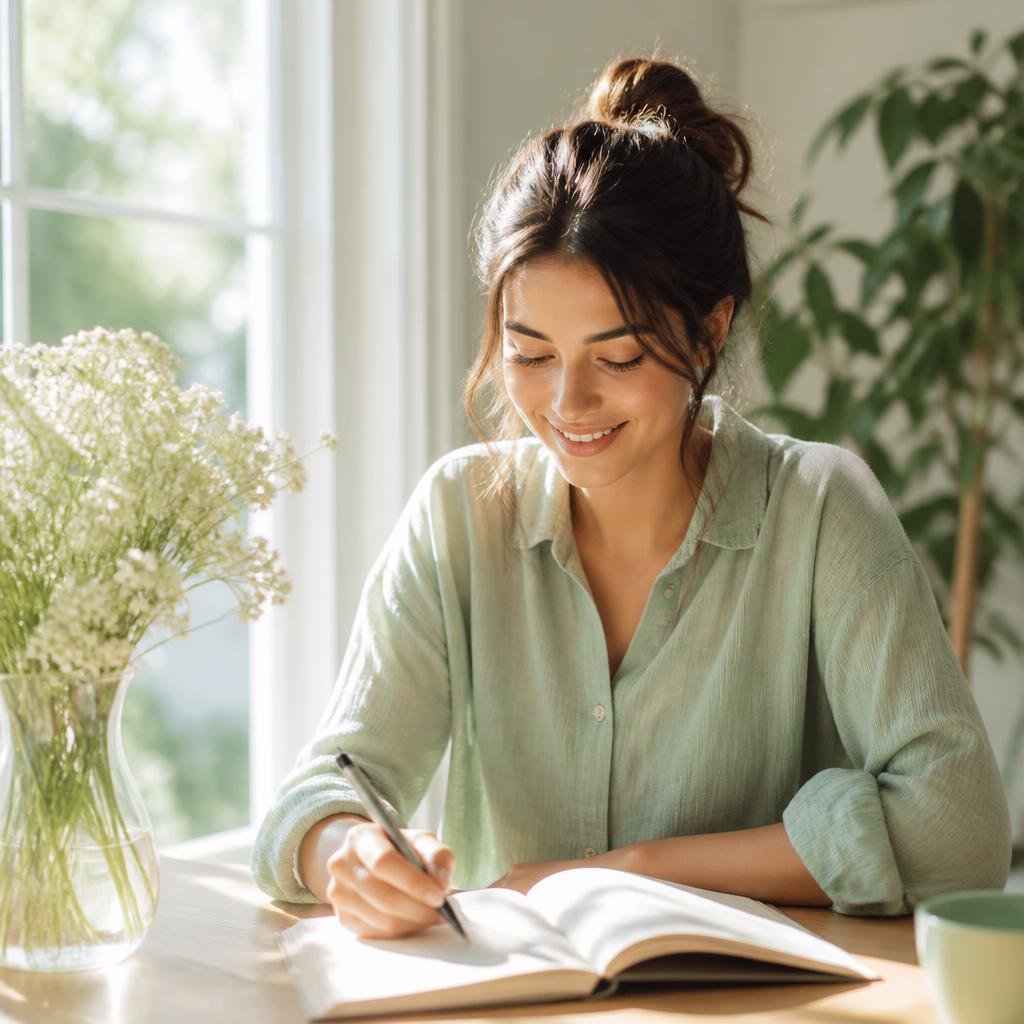 Woman journaling as part of practicing the identity shift method